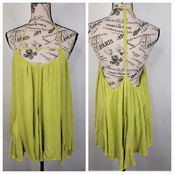The Sang Mini Boho Beachy Halter Dress Sz Small Green Chartreuse Layered Flowy
